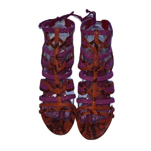 BRIAN ATWOOD Felisa Sandals Strappy Braided Leather Orange Pink Size 7.5 Animal - Picture 6 of 14